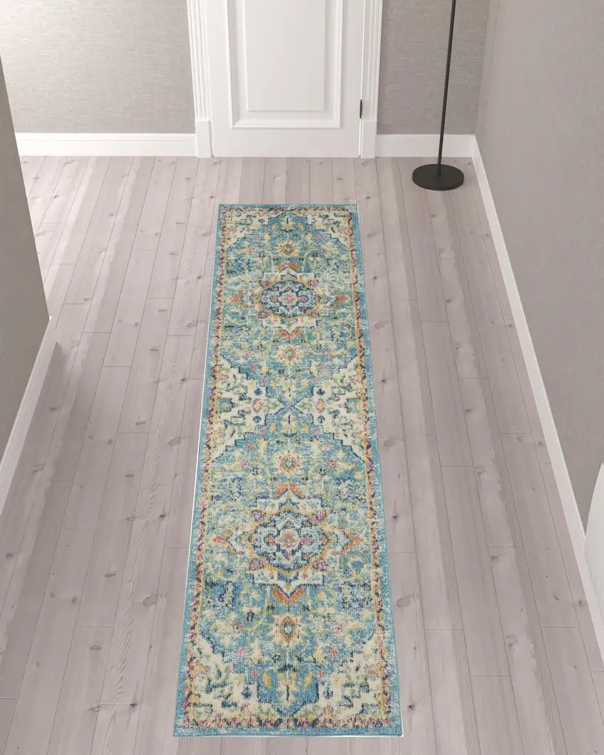 10' Ivory Floral Power Loom Runner Rug Photo 2
