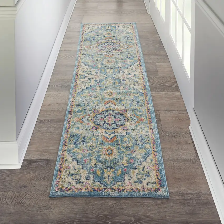 10' Ivory Floral Power Loom Runner Rug Photo 5