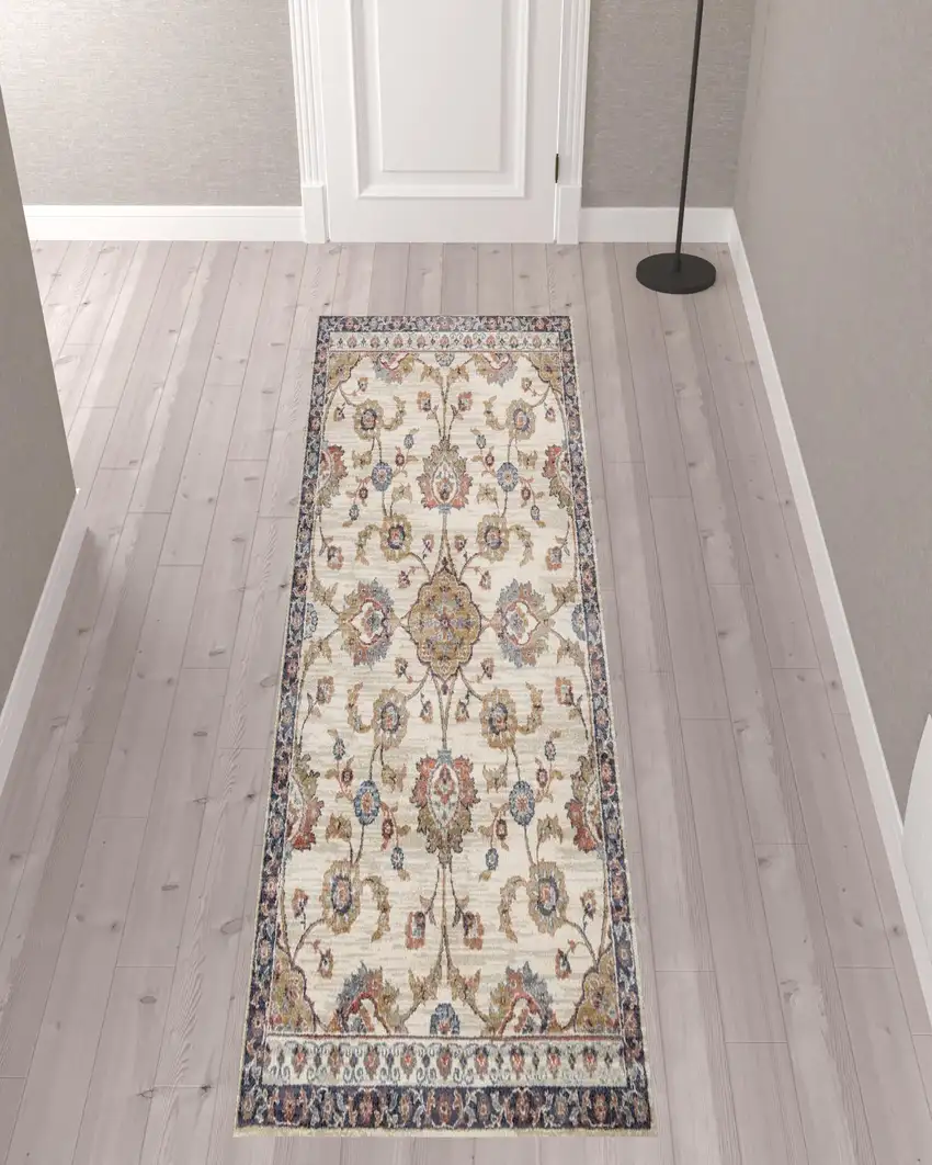 10' Ivory Floral Power Loom Runner Rug Photo 2