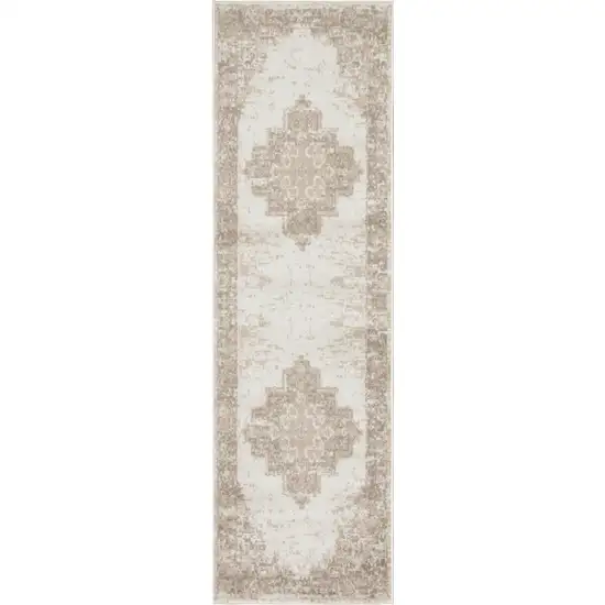 12' Ivory Floral Power Loom Runner Rug Photo 1