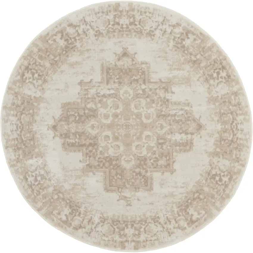 4' Ivory Floral Power Loom Worn Faded Round Rug Photo 2