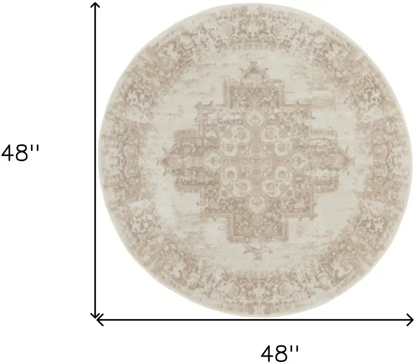 4' Ivory Floral Power Loom Worn Faded Round Rug Photo 3