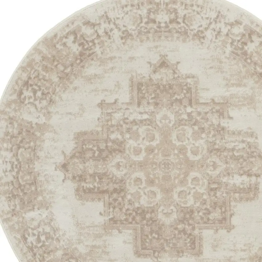 5' Ivory Floral Power Loom Worn Faded Round Rug Photo 3