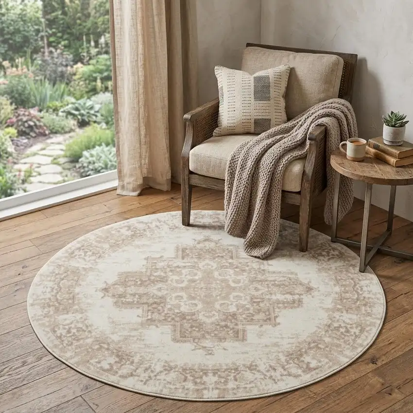 5' Ivory Floral Power Loom Worn Faded Round Rug Photo 1