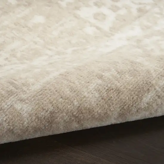 5' Ivory Floral Power Loom Worn Faded Round Rug Photo 8