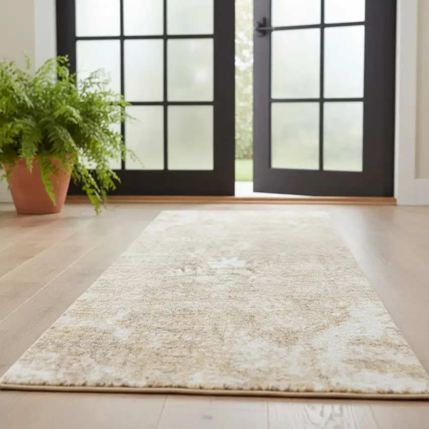 6' Ivory Floral Power Loom Worn Faded Runner Rug Photo 1