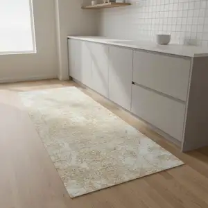 Photo of 8' Ivory Floral Power Loom Worn Faded Runner Rug