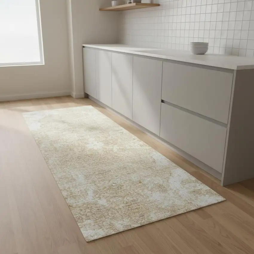 8' Ivory Floral Power Loom Worn Faded Runner Rug Photo 1