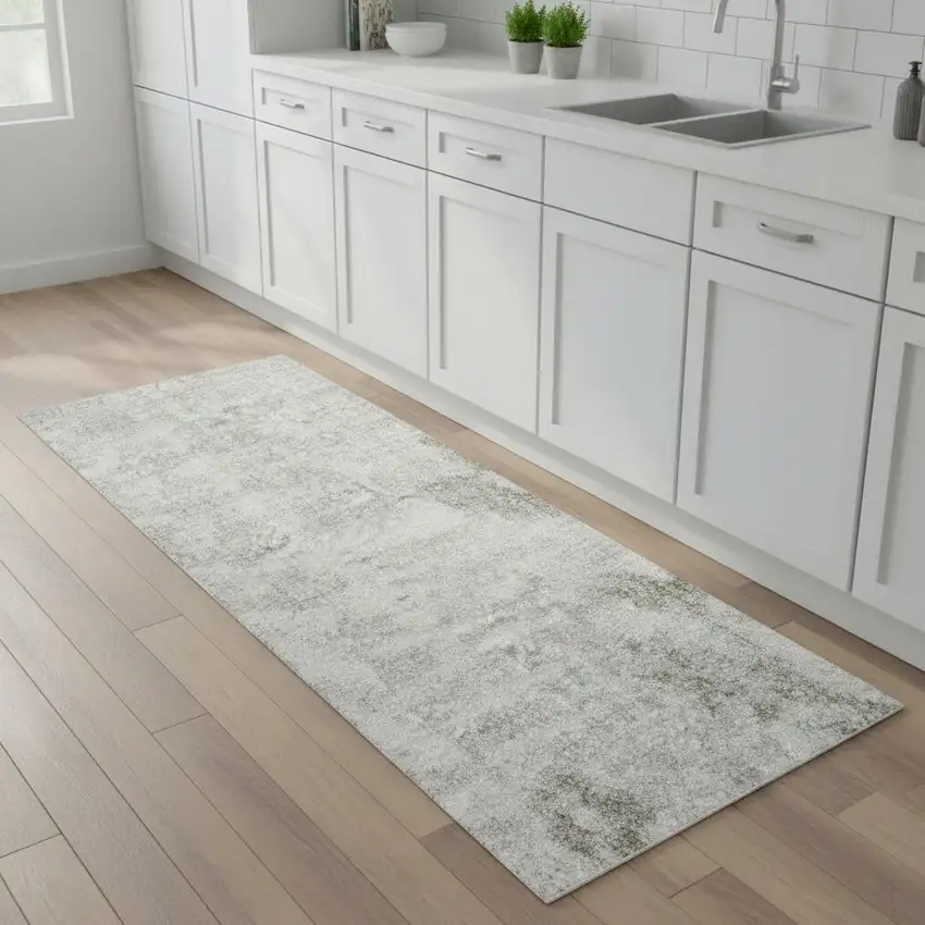 8' Ivory Floral Power Loom Worn Faded Runner Rug Photo 1