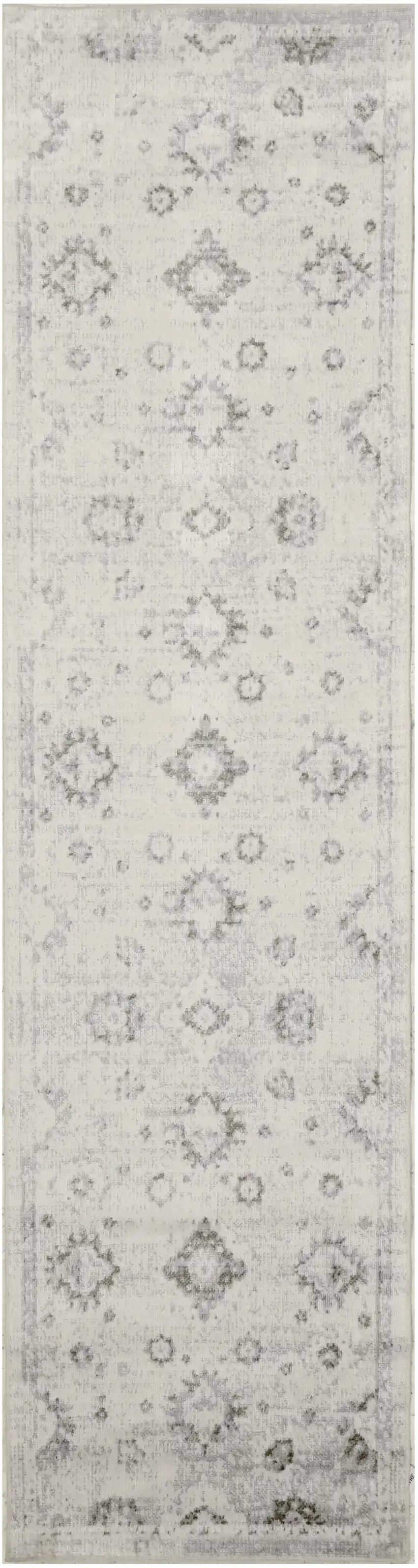 8' Ivory Floral Power Loom Worn Faded Runner Rug Photo 8