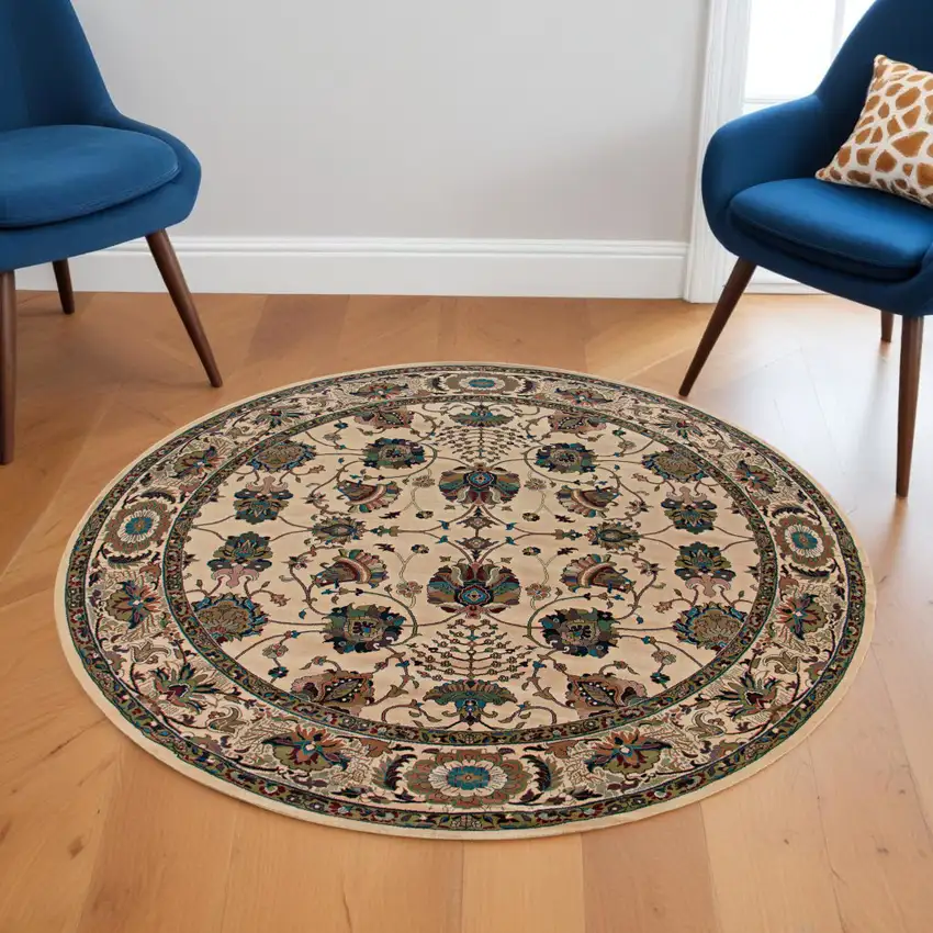 6' Ivory Floral Round Rug Photo 1