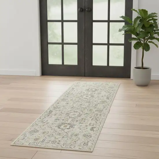 6' Ivory Floral Worn Faded Runner Rug Photo 1