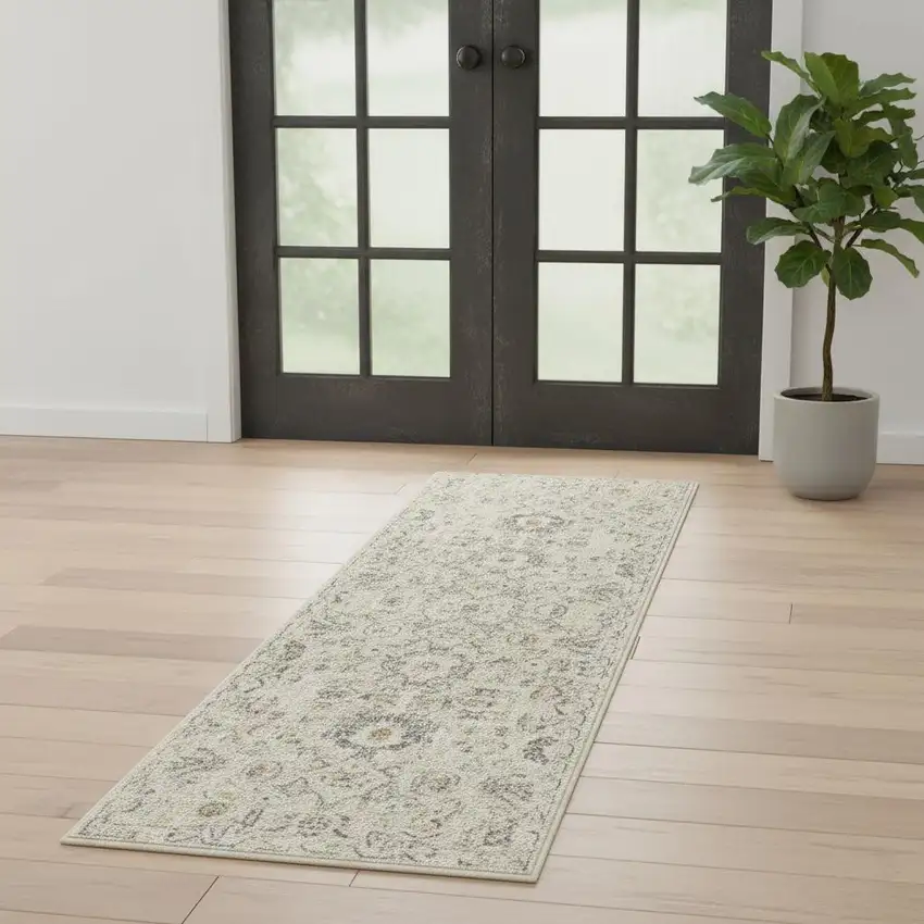 6' Ivory Floral Worn Faded Runner Rug Photo 1