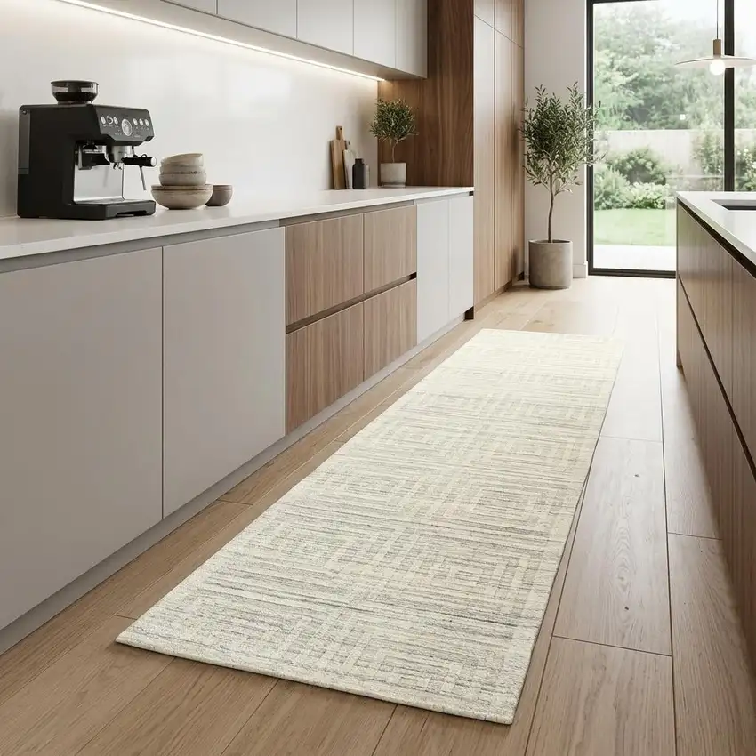 8' Ivory Geometric Hand Woven Runner Rug Photo 1