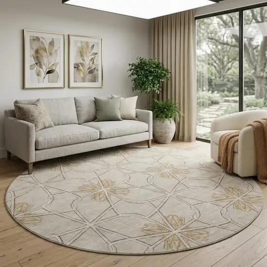 8' Ivory Gold And Beige Geometric Washable Round Rug With UV Protection Photo 1