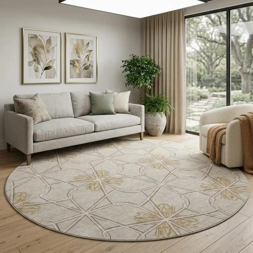 8' Ivory Gold And Beige Geometric Washable Round Rug With UV Protection Photo 1