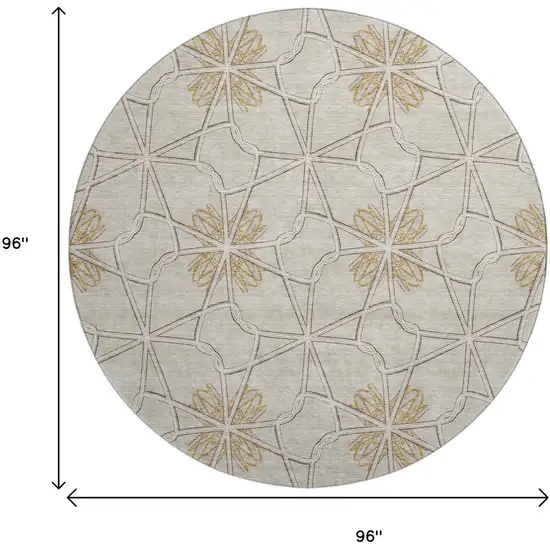 8' Ivory Gold And Beige Geometric Washable Round Rug With UV Protection Photo 9