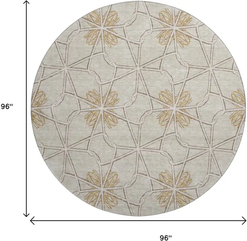 8' Ivory Gold And Beige Geometric Washable Round Rug With UV Protection Photo 9