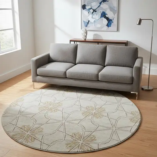 8' Ivory Gold And Beige Geometric Washable Round Rug With UV Protection Photo 2