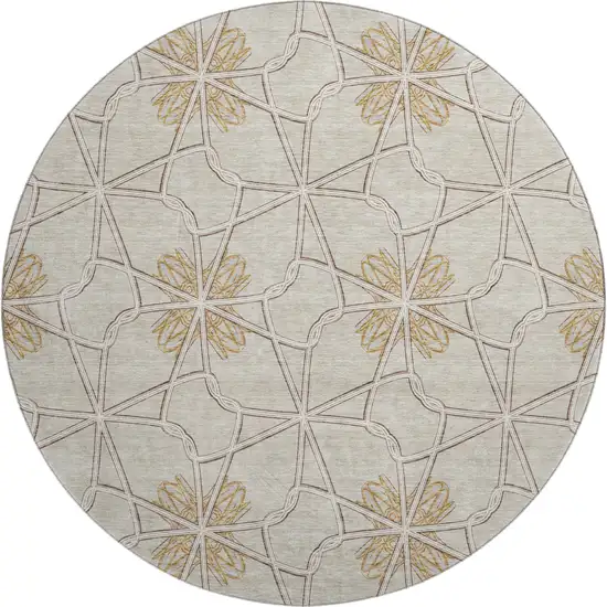 8' Ivory Gold And Beige Geometric Washable Round Rug With UV Protection Photo 1