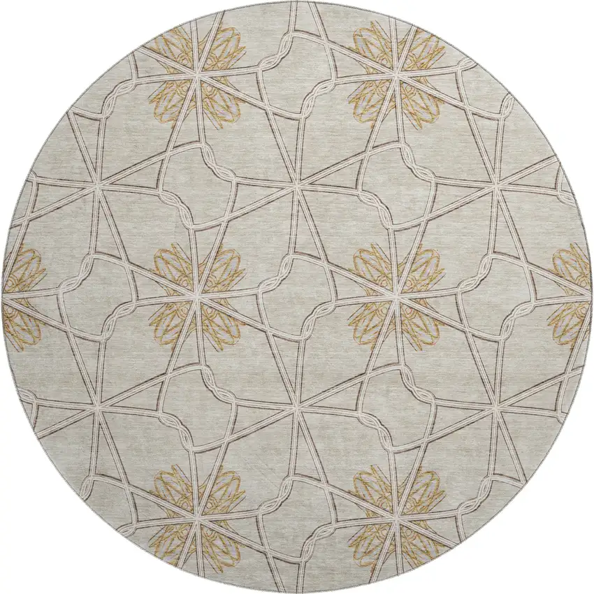 8' Ivory Gold And Beige Geometric Washable Round Rug With UV Protection Photo 1