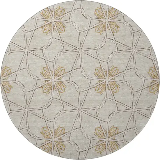 8' Ivory Gold And Beige Geometric Washable Round Rug With UV Protection Photo 3