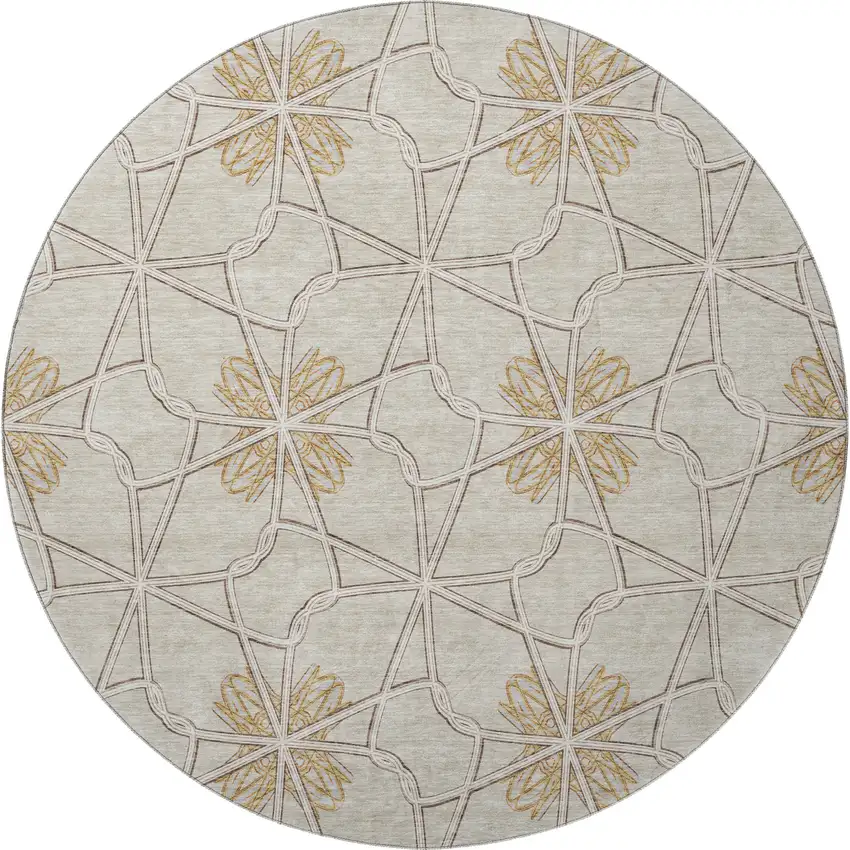 8' Ivory Gold And Beige Geometric Washable Round Rug With UV Protection Photo 3