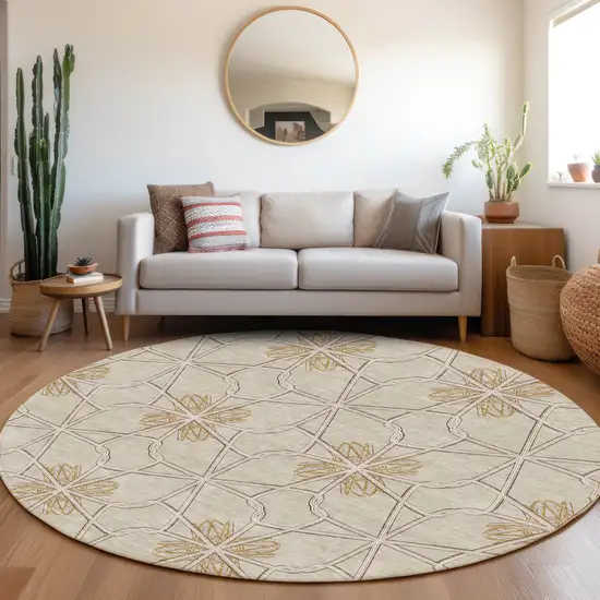 8' Ivory Gold And Beige Geometric Washable Round Rug With UV Protection Photo 4