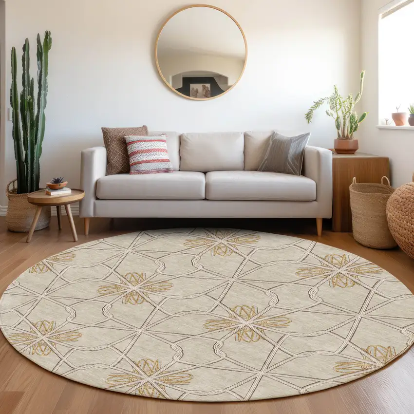 8' Ivory Gold And Beige Geometric Washable Round Rug With UV Protection Photo 4