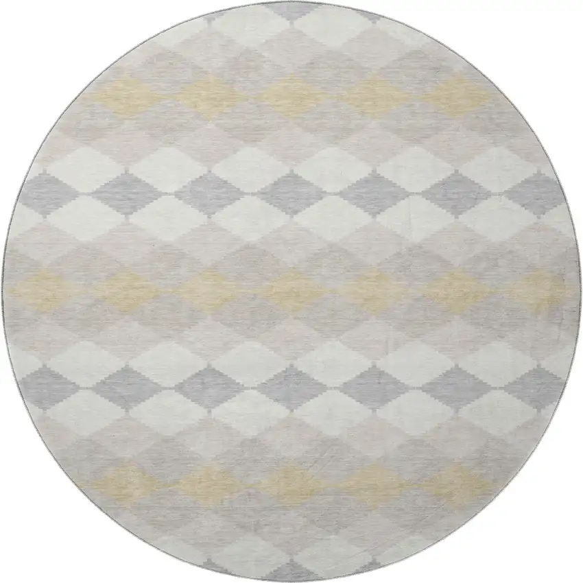 8' Ivory Gold And Beige Geometric Washable Round Rug With UV Protection Photo 4