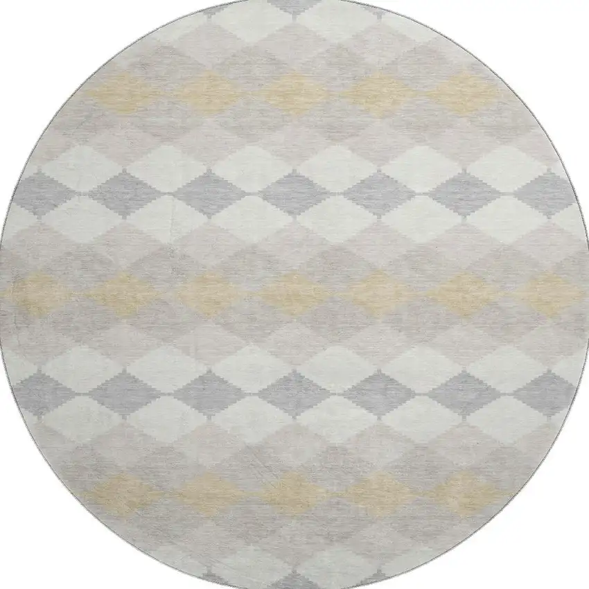 8' Ivory Gold And Beige Geometric Washable Round Rug With UV Protection Photo 2