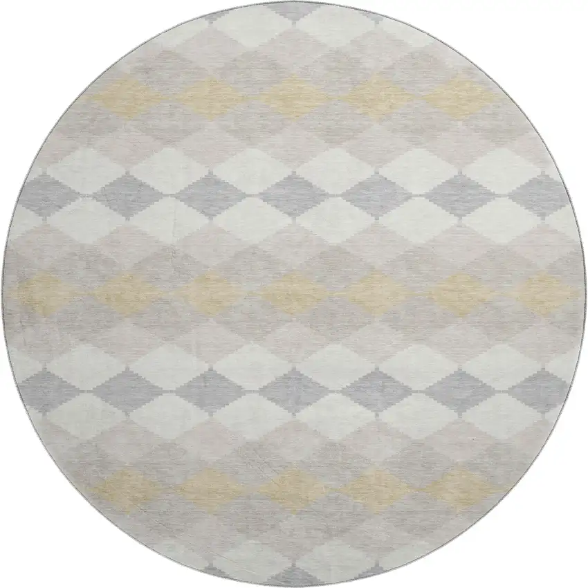8' Ivory Gold And Beige Geometric Washable Round Rug With UV Protection Photo 1