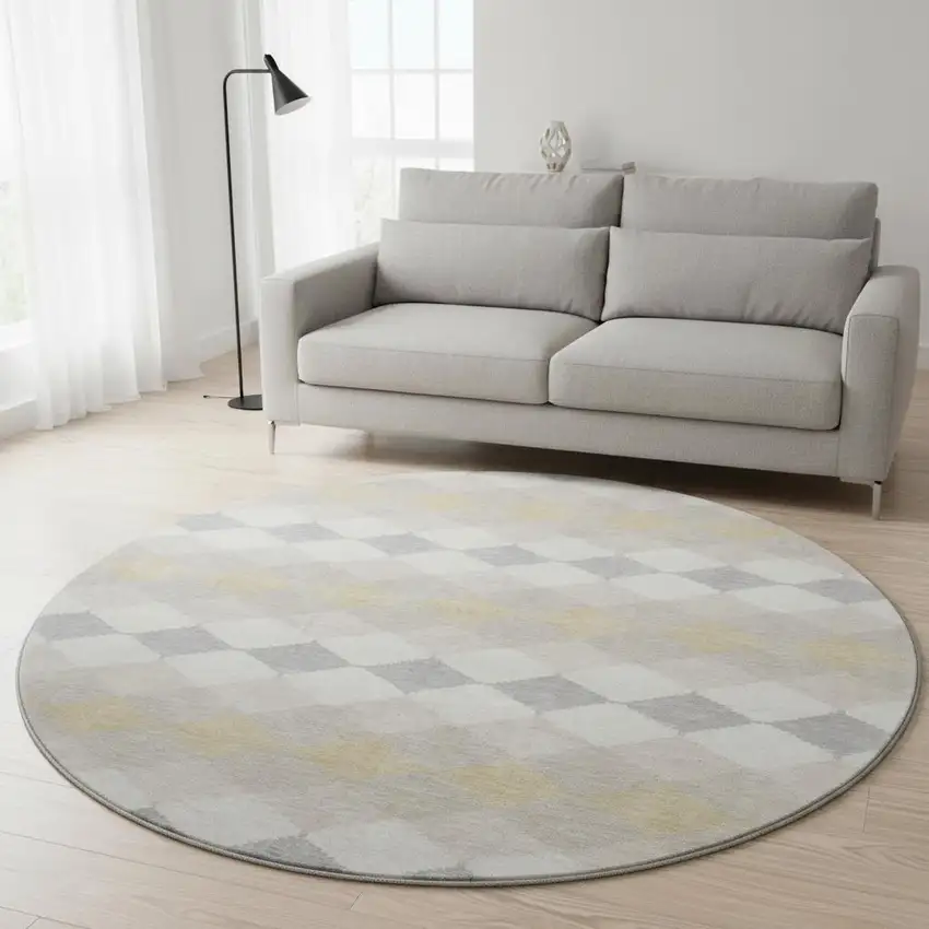 8' Ivory Gold And Beige Geometric Washable Round Rug With UV Protection Photo 2