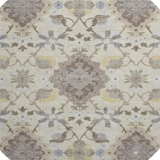 8' Ivory Gold And Beige Oriental Washable Round Rug With UV Protection Photo 2