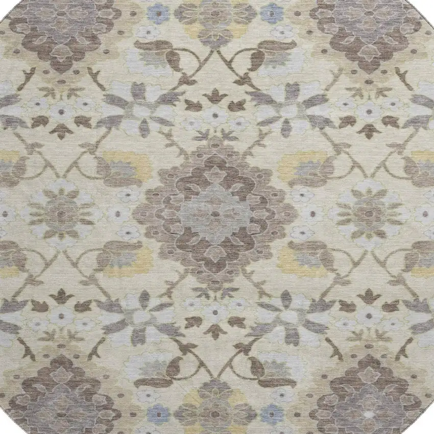 8' Ivory Gold And Beige Oriental Washable Round Rug With UV Protection Photo 2