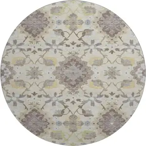 Photo of 8' Ivory Gold And Beige Oriental Washable Round Rug With UV Protection