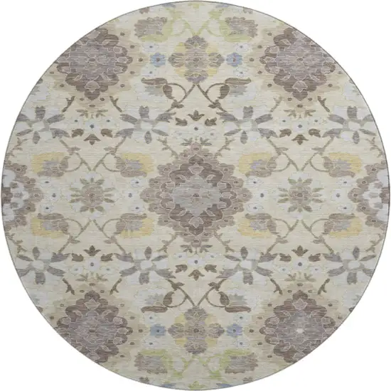 8' Ivory Gold And Beige Oriental Washable Round Rug With UV Protection Photo 1