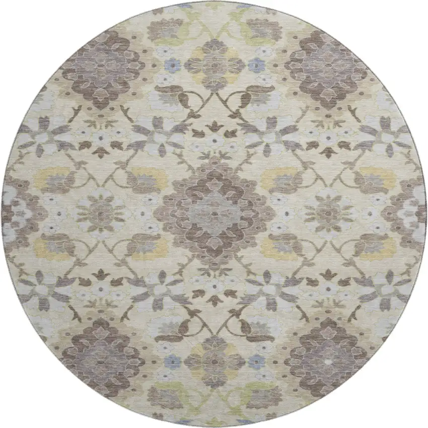 8' Ivory Gold And Beige Oriental Washable Round Rug With UV Protection Photo 1