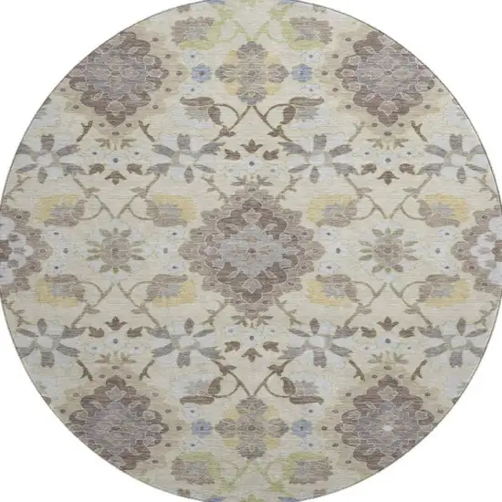 8' Ivory Gold And Beige Oriental Washable Round Rug With UV Protection Photo 3