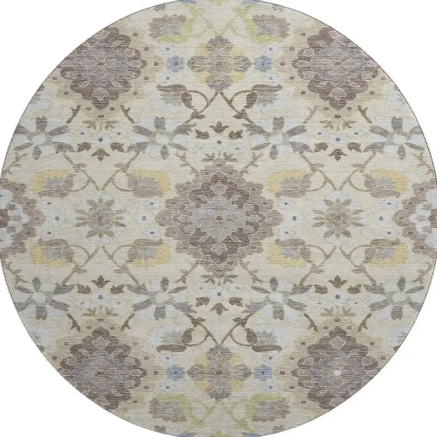 8' Ivory Gold And Beige Oriental Washable Round Rug With UV Protection Photo 3