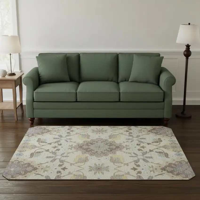 8' Ivory Gold And Beige Oriental Washable Round Rug With UV Protection Photo 2