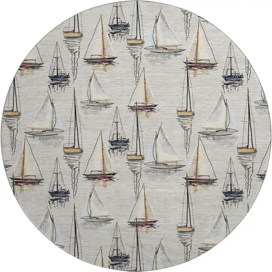 8' Ivory Gold And Black Nautical Washable Round Rug With UV Protection Photo 2