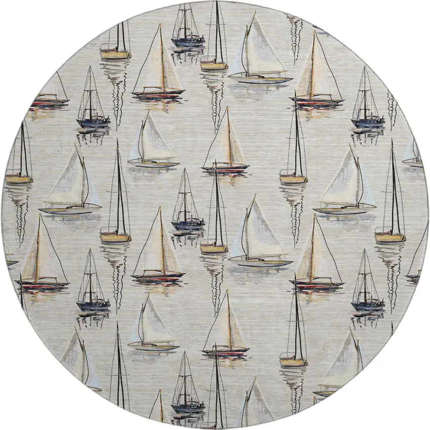 8' Ivory Gold And Black Nautical Washable Round Rug With UV Protection Photo 2
