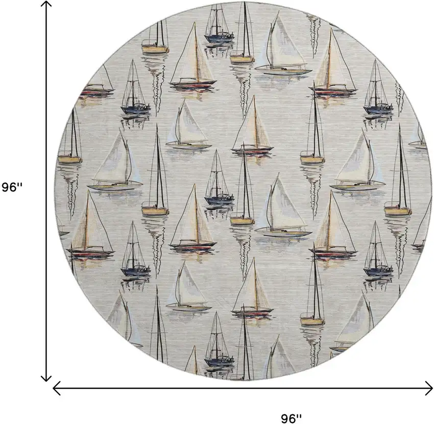 8' Ivory Gold And Black Nautical Washable Round Rug With UV Protection Photo 3