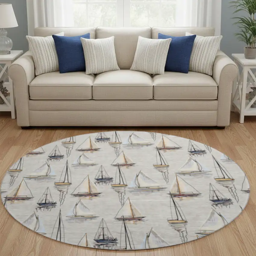 8' Ivory Gold And Black Nautical Washable Round Rug With UV Protection Photo 1