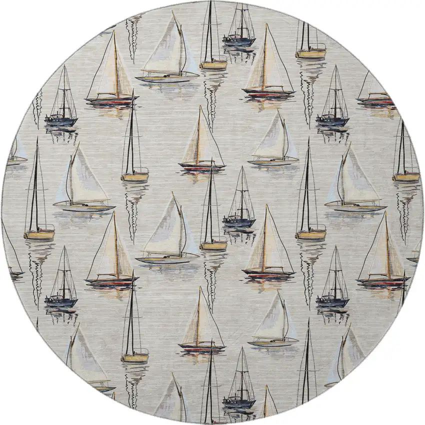 8' Ivory Gold And Black Nautical Washable Round Rug With UV Protection Photo 5