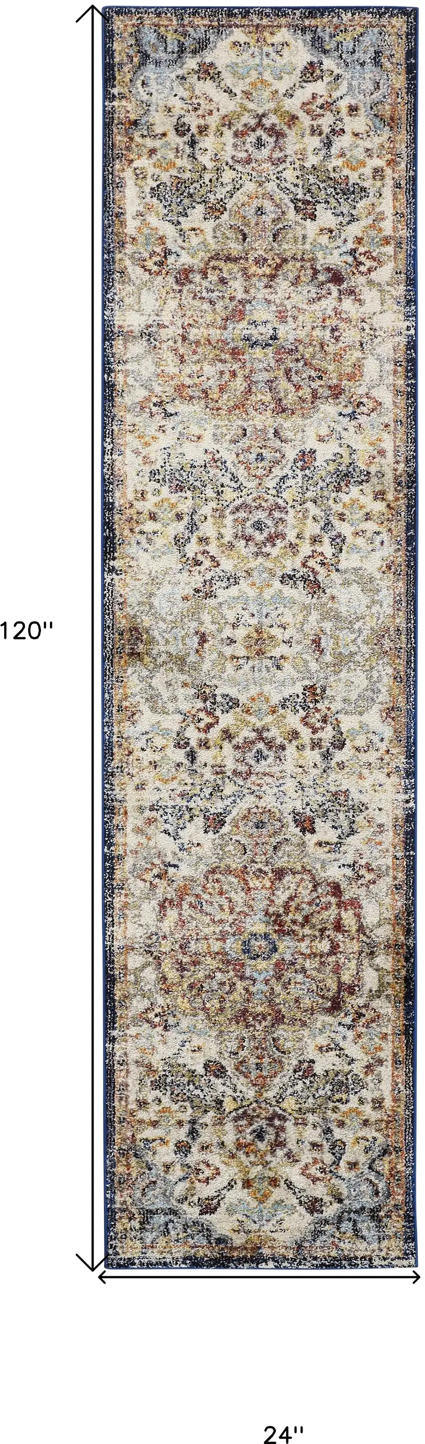 10' Ivory Gold And Blue Floral Stain Resistant Runner Rug Photo 6