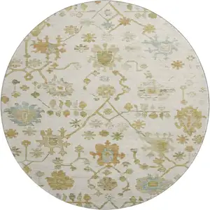 Photo of 8' Ivory Gold And Blue Floral Washable Round Rug With UV Protection