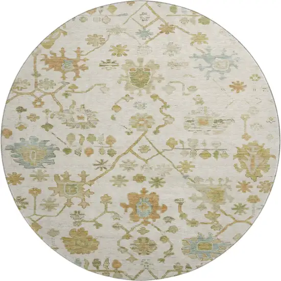 8' Ivory Gold And Blue Floral Washable Round Rug With UV Protection Photo 1