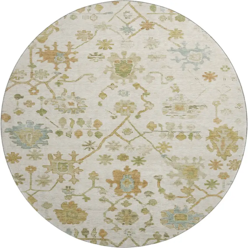 8' Ivory Gold And Blue Floral Washable Round Rug With UV Protection Photo 1